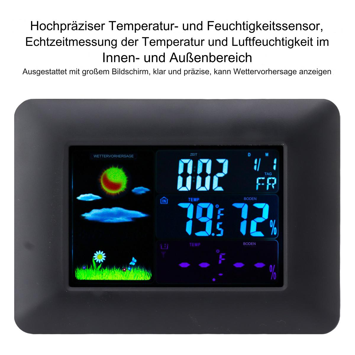 Eine digitale Wetterstation, die Wetterinformationen anzeigt.