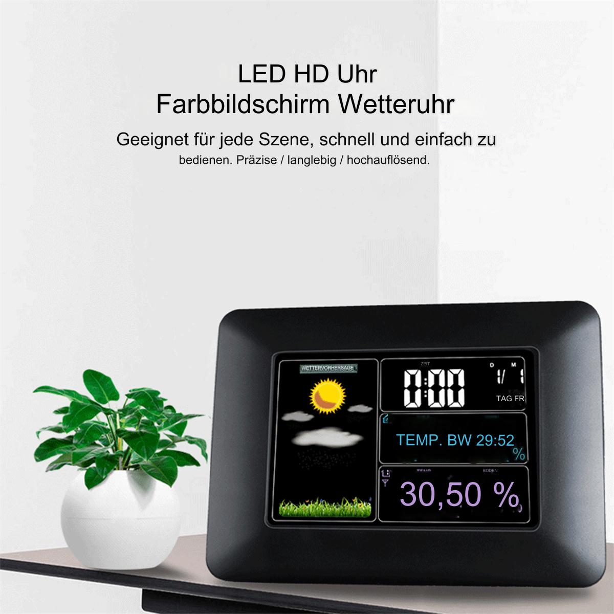 Schwarze Wetterstation mit einem Bildschirm, der Wetterinformationen anzeigt. Eine Pflanze befindet sich im Hintergrund.