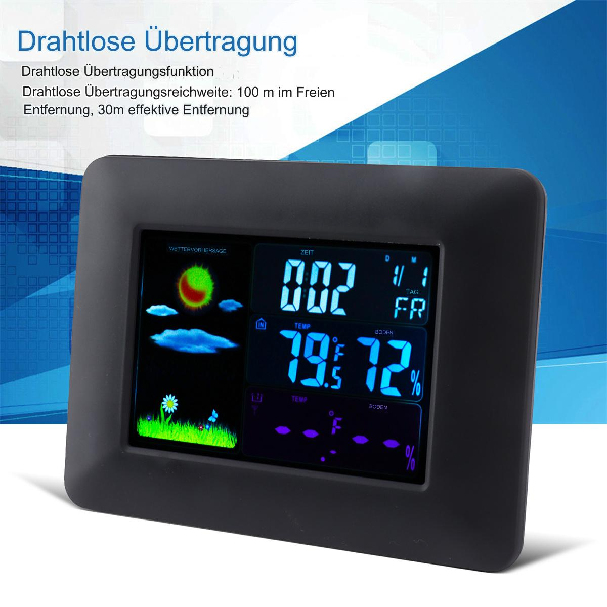 Schwarze digitale Wetterstation mit Display, das Zeit, Temperatur und Luftfeuchtigkeit anzeigt. Ein Blumensymbol ist sichtbar.