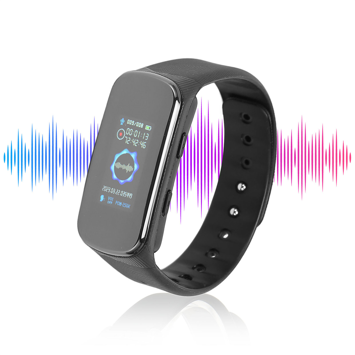 Schwarze Smartwatch mit Anzeige von Zeit und Wellenform. Bunte Linien darum herum.