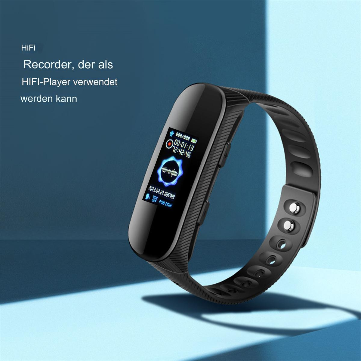 Schwarzer Fitnesstracker mit Display, das Zeit, Datum und eine Wellenform auf blauem Hintergrund zeigt.