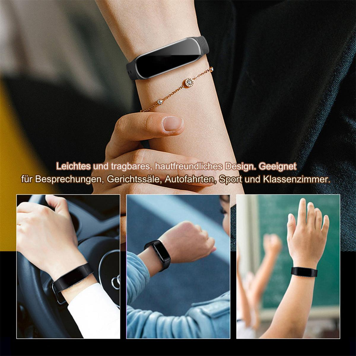 Handgelenk einer Frau mit einem schwarzen Fitness-Tracker. Drei weitere Handgelenke mit Trackern werden gezeigt.