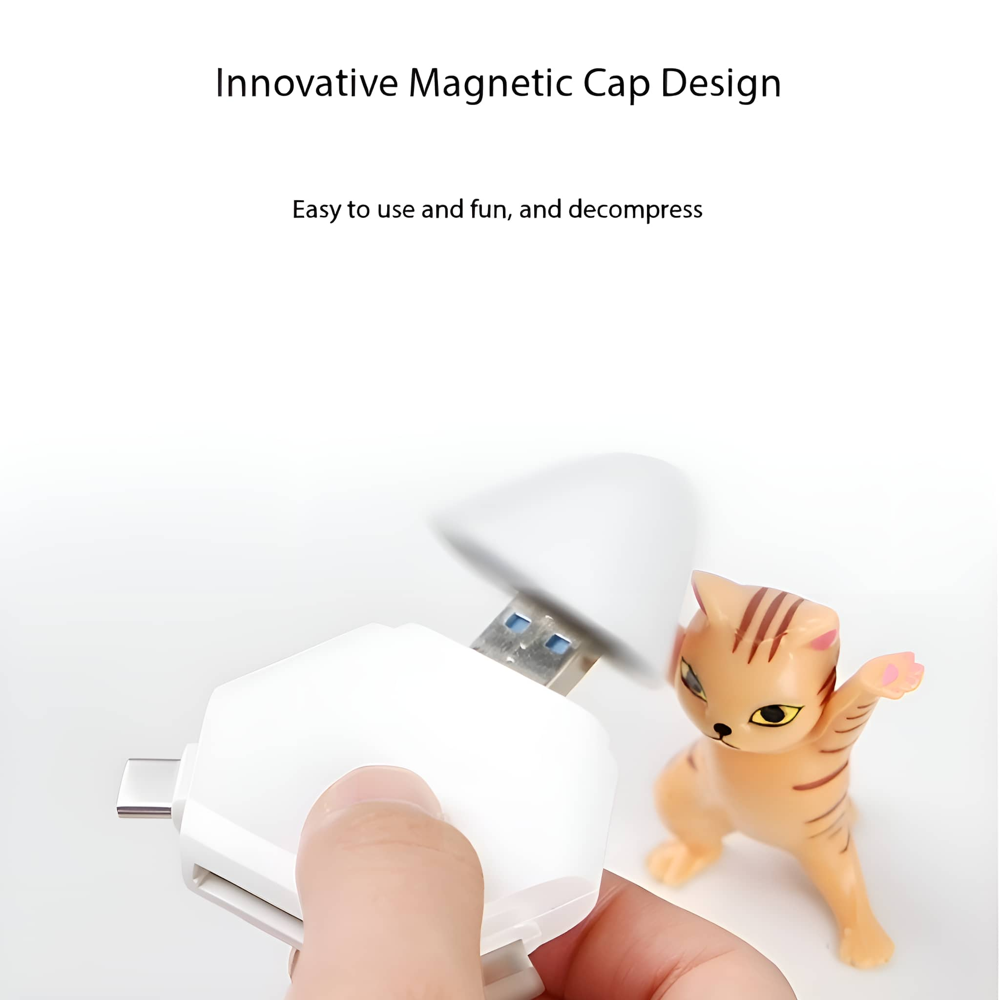 Ein weißer Multi-Port-USB-Adapter mit einer Katzenfigur und Text: 'Innovative Magnetic Cap Design'.