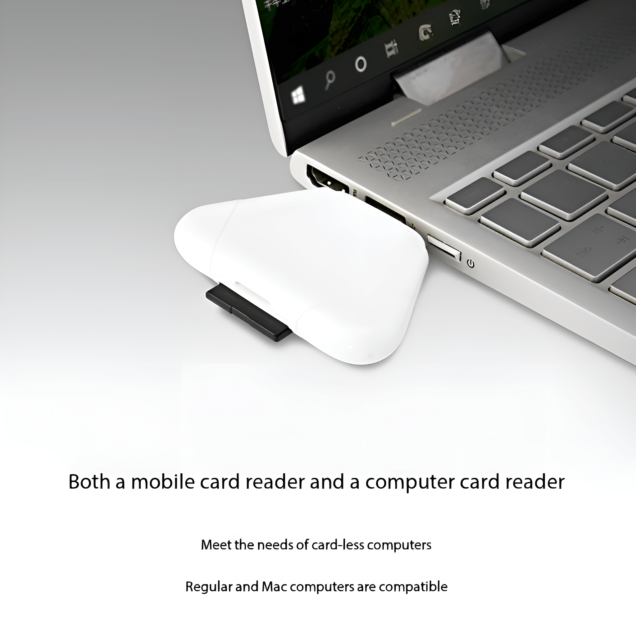 Weißer Kartenleser an einem Laptop. Weißes und schwarzes Design. Der Laptop ist geöffnet.
