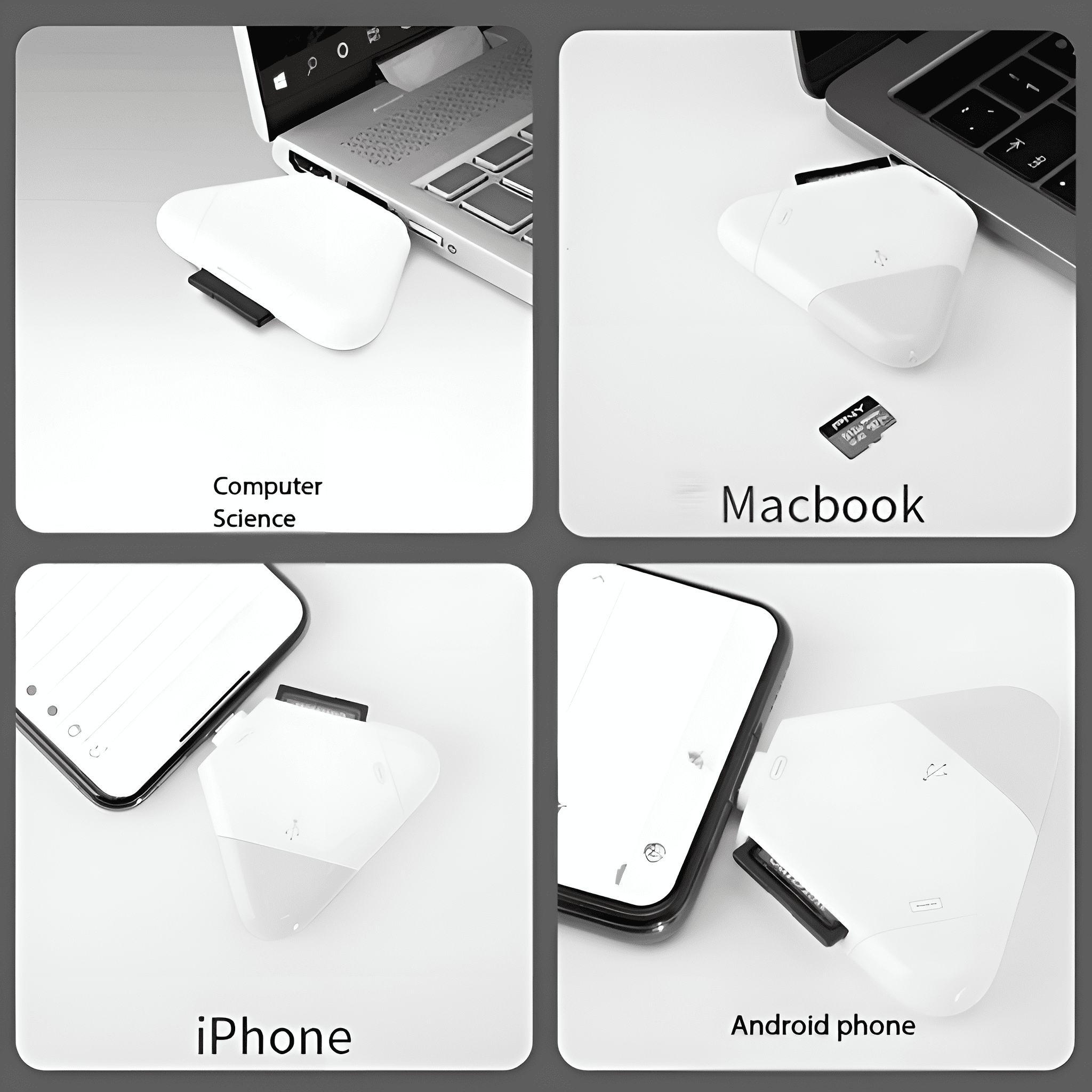 Vier Bilder, die ein weißes Gerät zeigen, das mit einem Laptop, MacBook, iPhone und Android-Telefon verbunden ist.