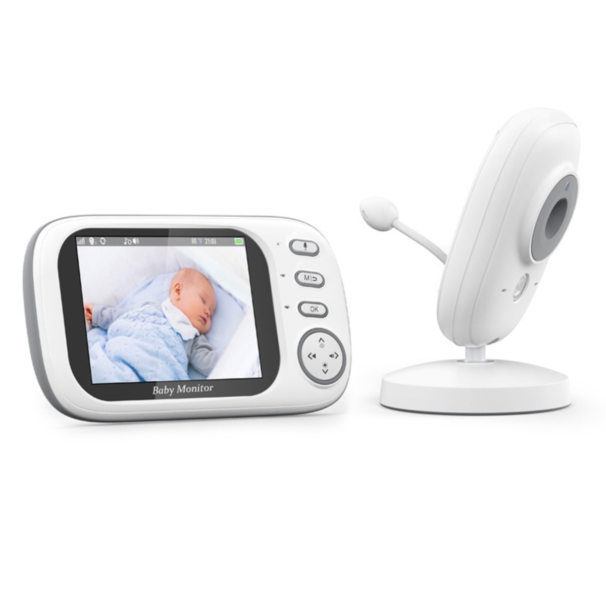 Babyphone mit Baby auf dem Bildschirm. Eine separate Kameraeinheit ist ebenfalls sichtbar.