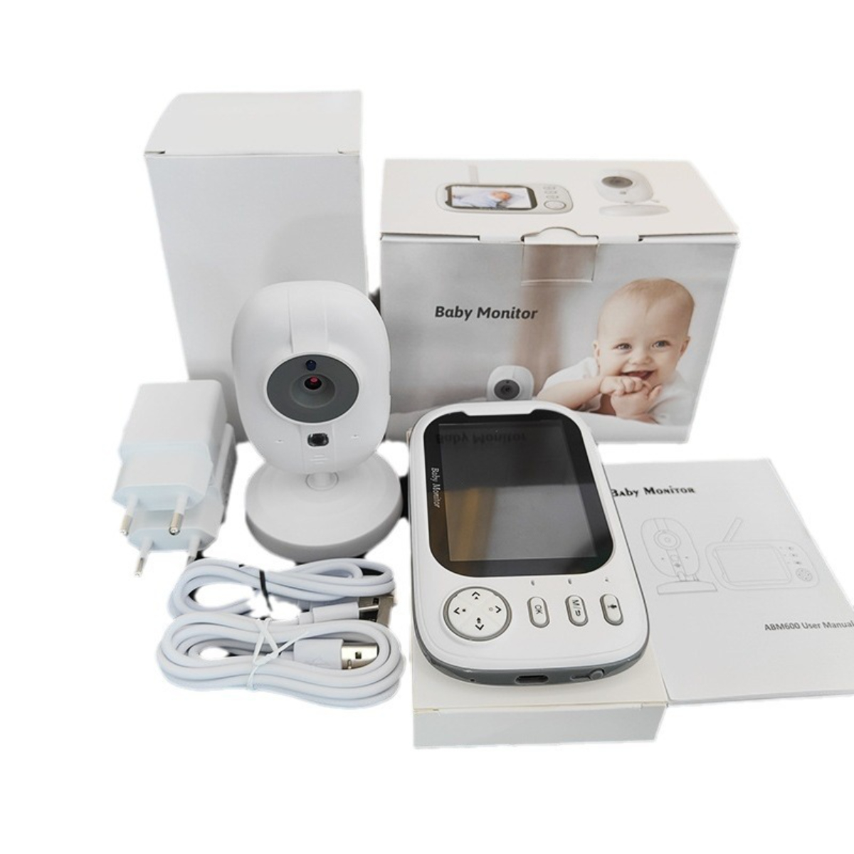 Ein Babyphone-Set mit Kamera, Monitor, Ladegerät und Zubehör, alles auf weißer Oberfläche.