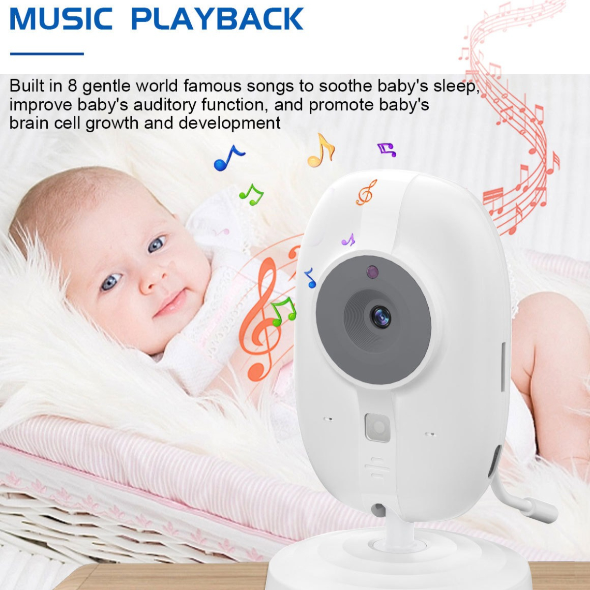 Babyfon mit Baby, Musiknoten-Grafik, rosa Decke.