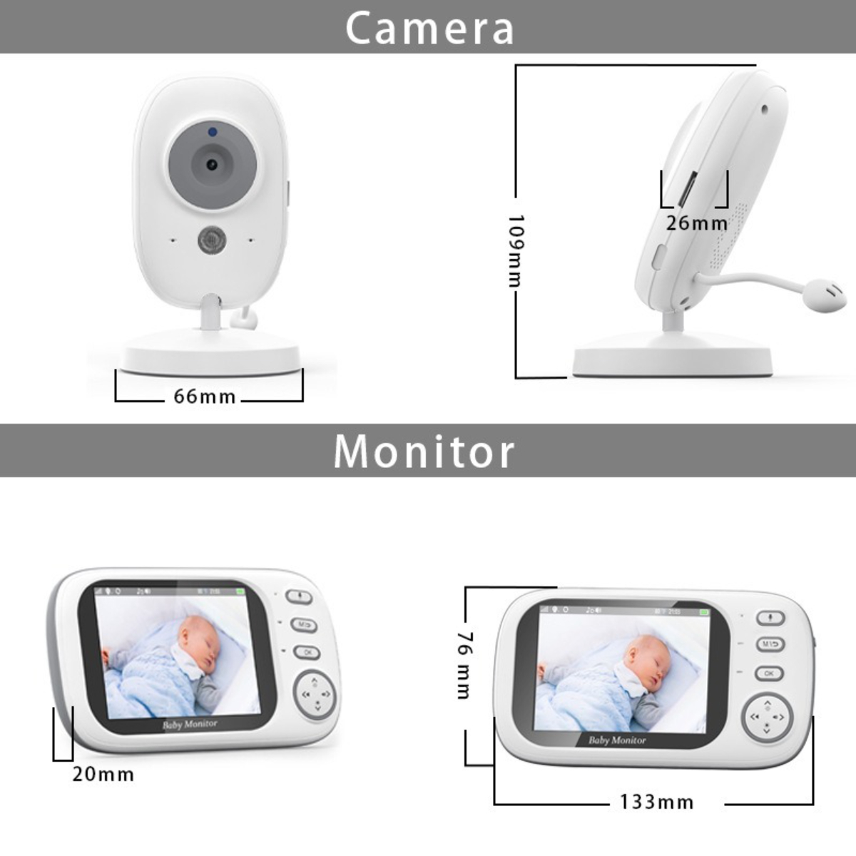 Weiße Babyphone-Kamera und Monitor. Abmessungen werden angezeigt. Baby schläft auf dem Monitorbildschirm.