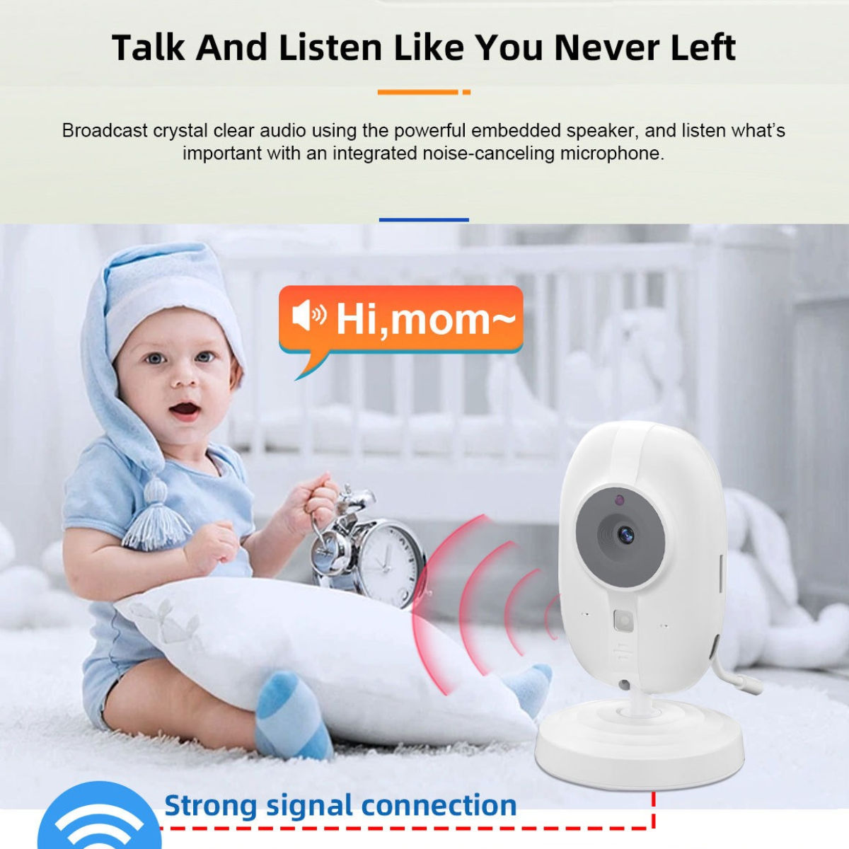 Baby und ein weißer Babyphone mit Lautsprecher und Kamera. Eine Sprechblase sagt "Hi, mom~".
