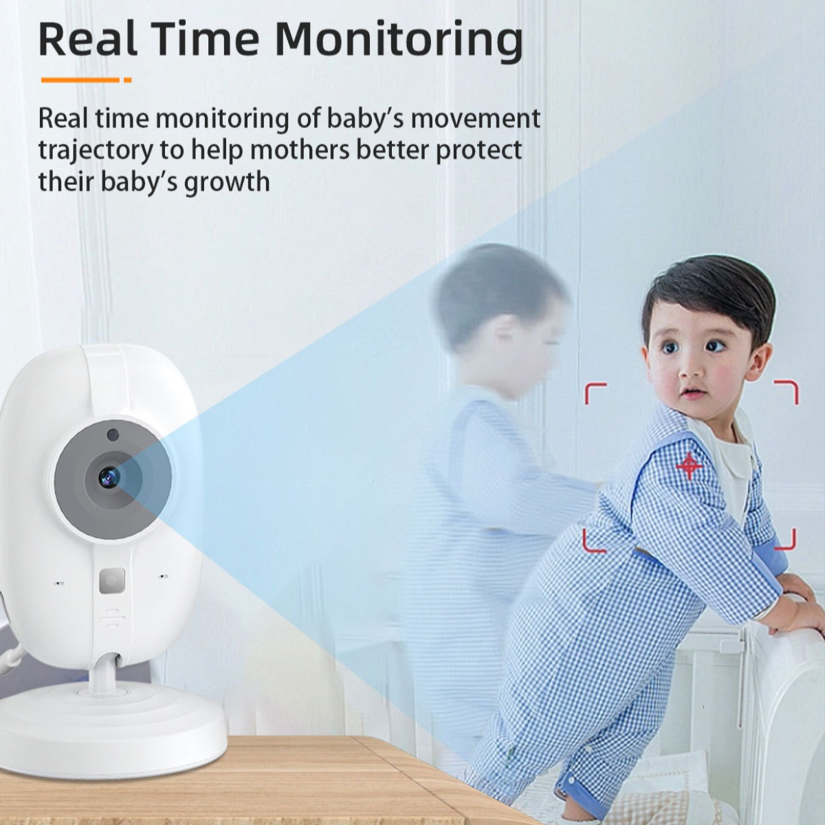 Babyphone mit dem Text "Real Time Monitoring" und einem Baby im Hintergrund.