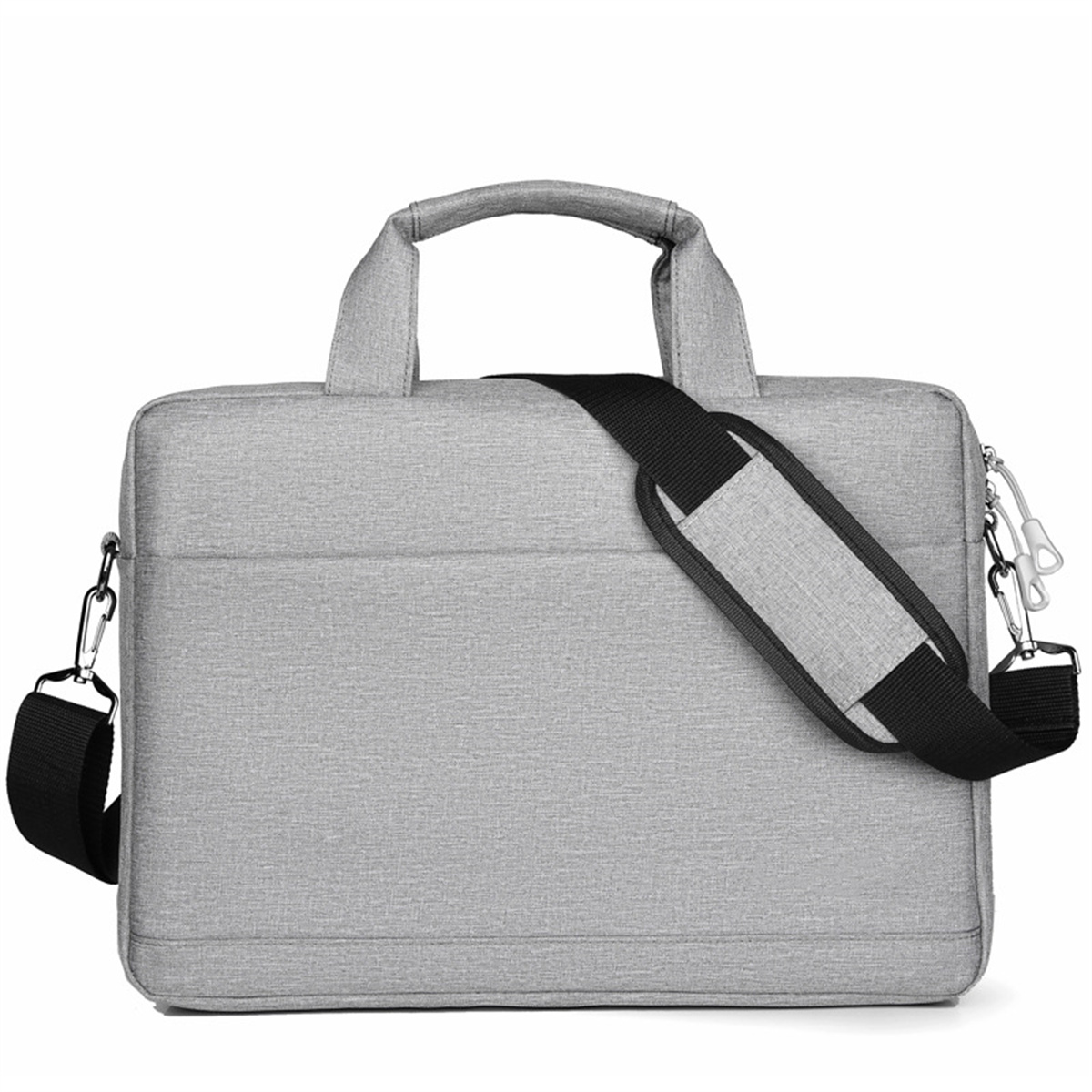 Eine graue Laptoptasche mit Schultergurt und Griff. Sie hat silberne Verschlüsse.