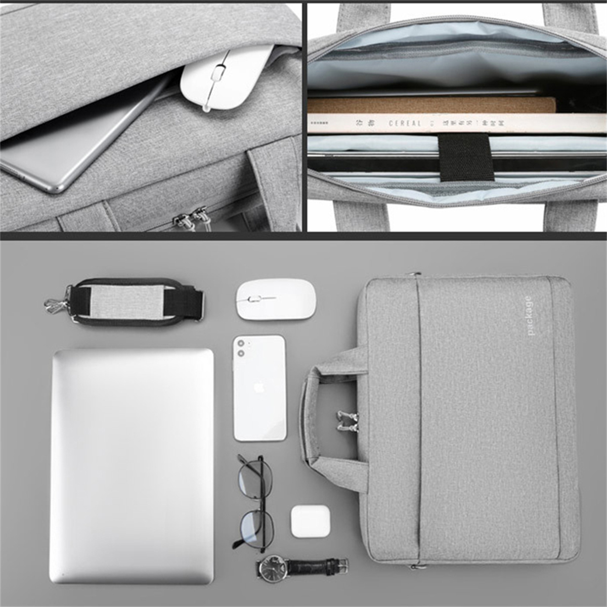 Eine Tasche mit Zubehör. Laptop, Maus, Brille, eine Uhr und ein Telefon sind auf dem Bild zu sehen.