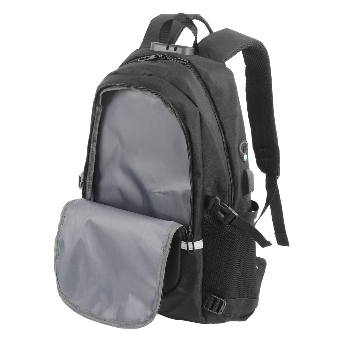 Ein schwarzer Rucksack mit mehreren Fächern, offen mit grauem Innenraum und USB-Anschluss.