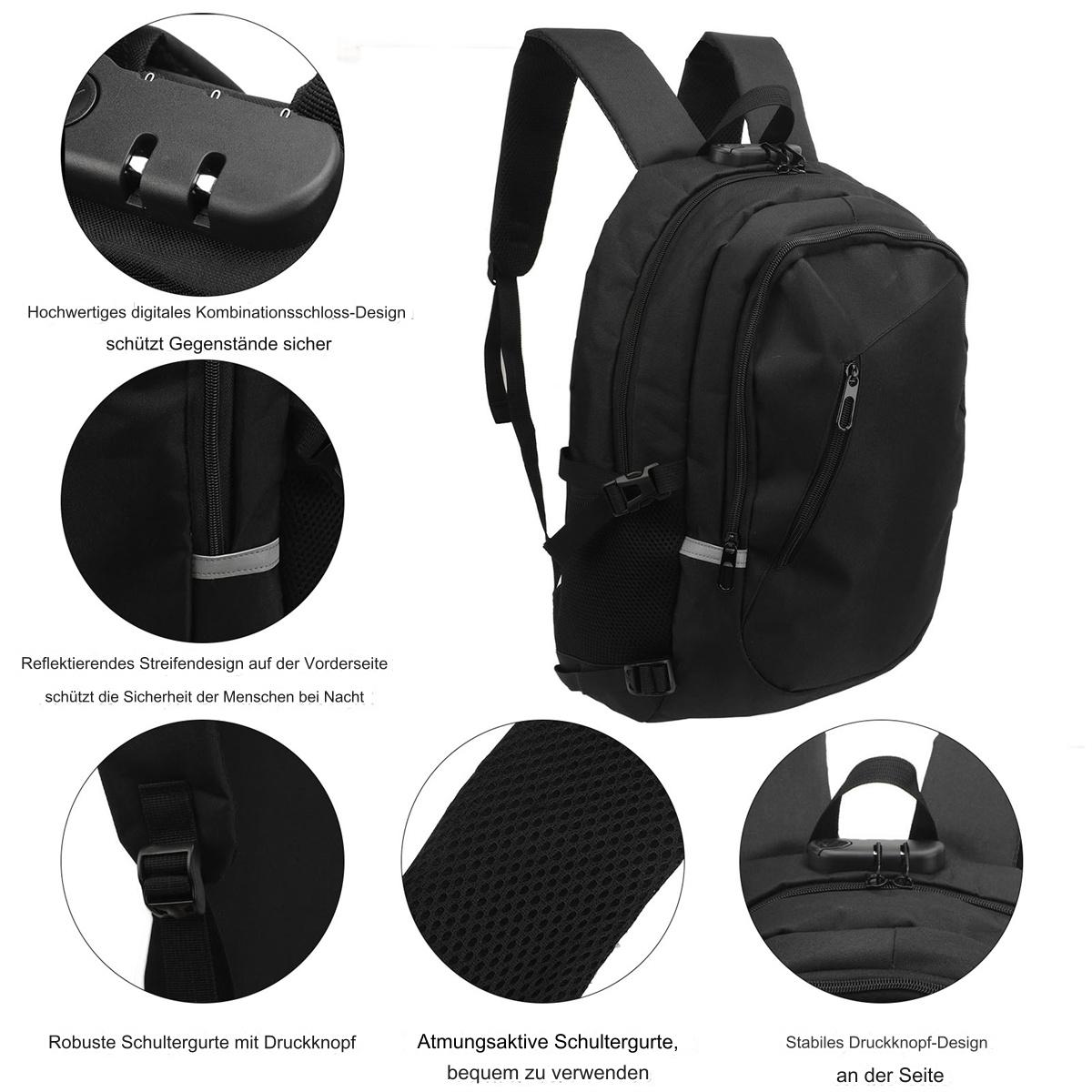 Schwarzer Rucksack mit Schloss, reflektierenden Streifen und Details in Nahaufnahmen.
