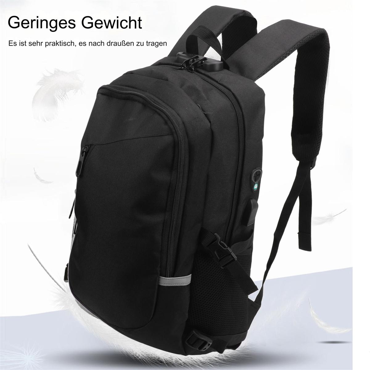 Schwarzer Rucksack mit mehreren Taschen und Riemen. Weiße Federn schweben im Hintergrund vor hellem Hintergrund.