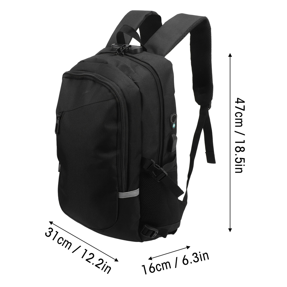 Schwarzer Rucksack mit abgebildeten Abmessungen. 47 cm hoch, 31 cm breit und 16 cm tief.