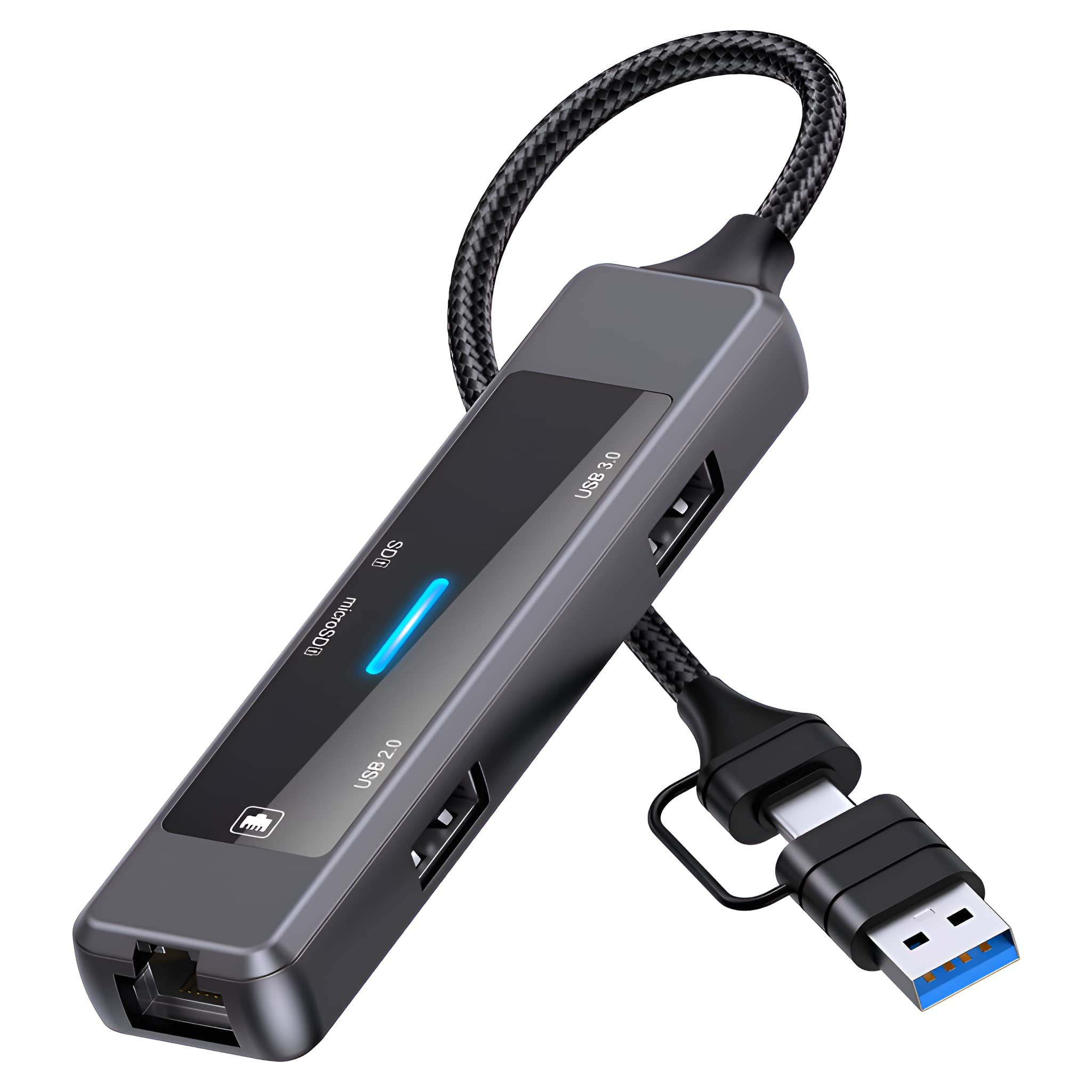 USB-Hub mit mehreren Anschlüssen und einem geflochtenen Kabel. Weißer Hintergrund.