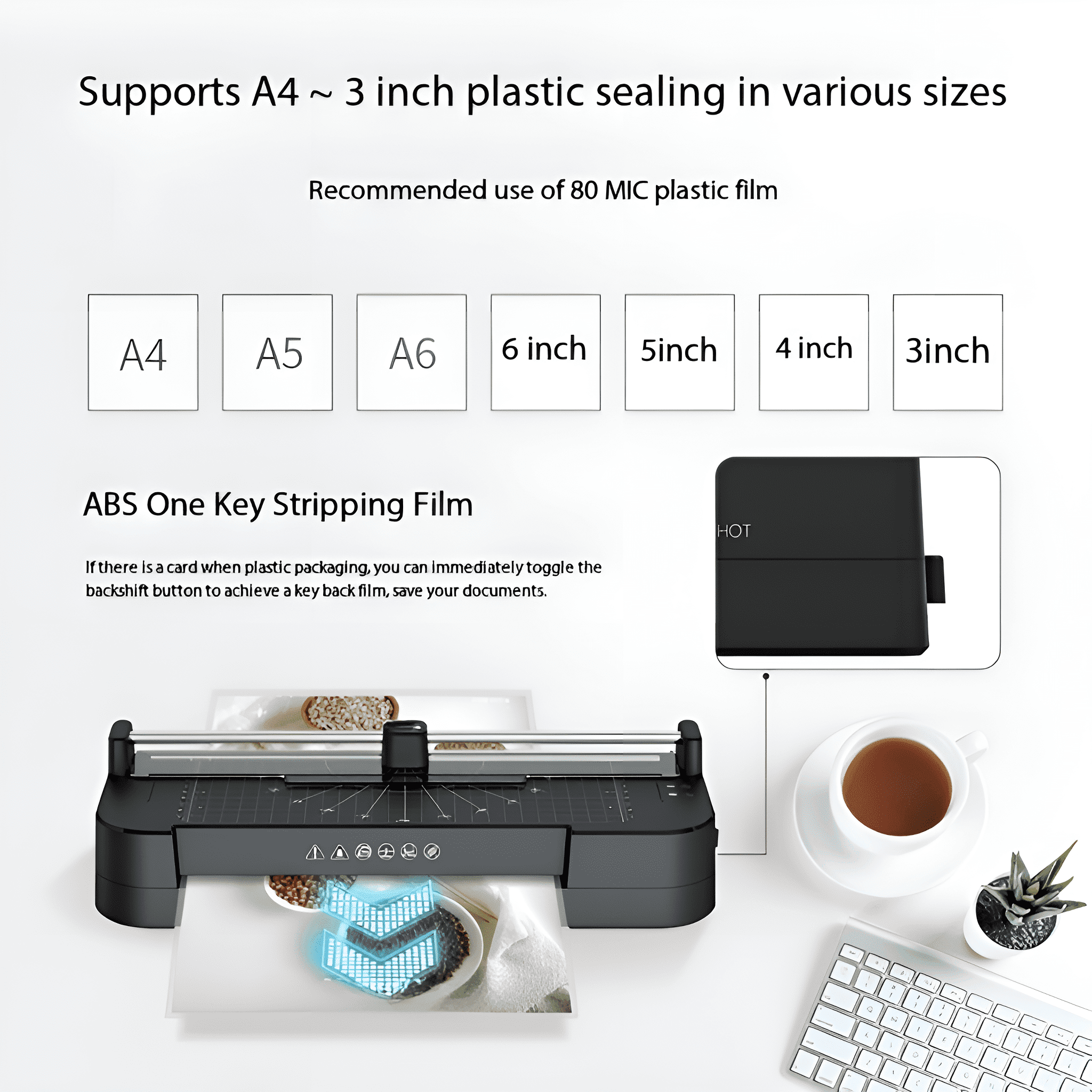 Laminiergerät mit Papierformaten A4 bis 3 Zoll. Eine Kaffeetasse und eine kleine Pflanze auch.