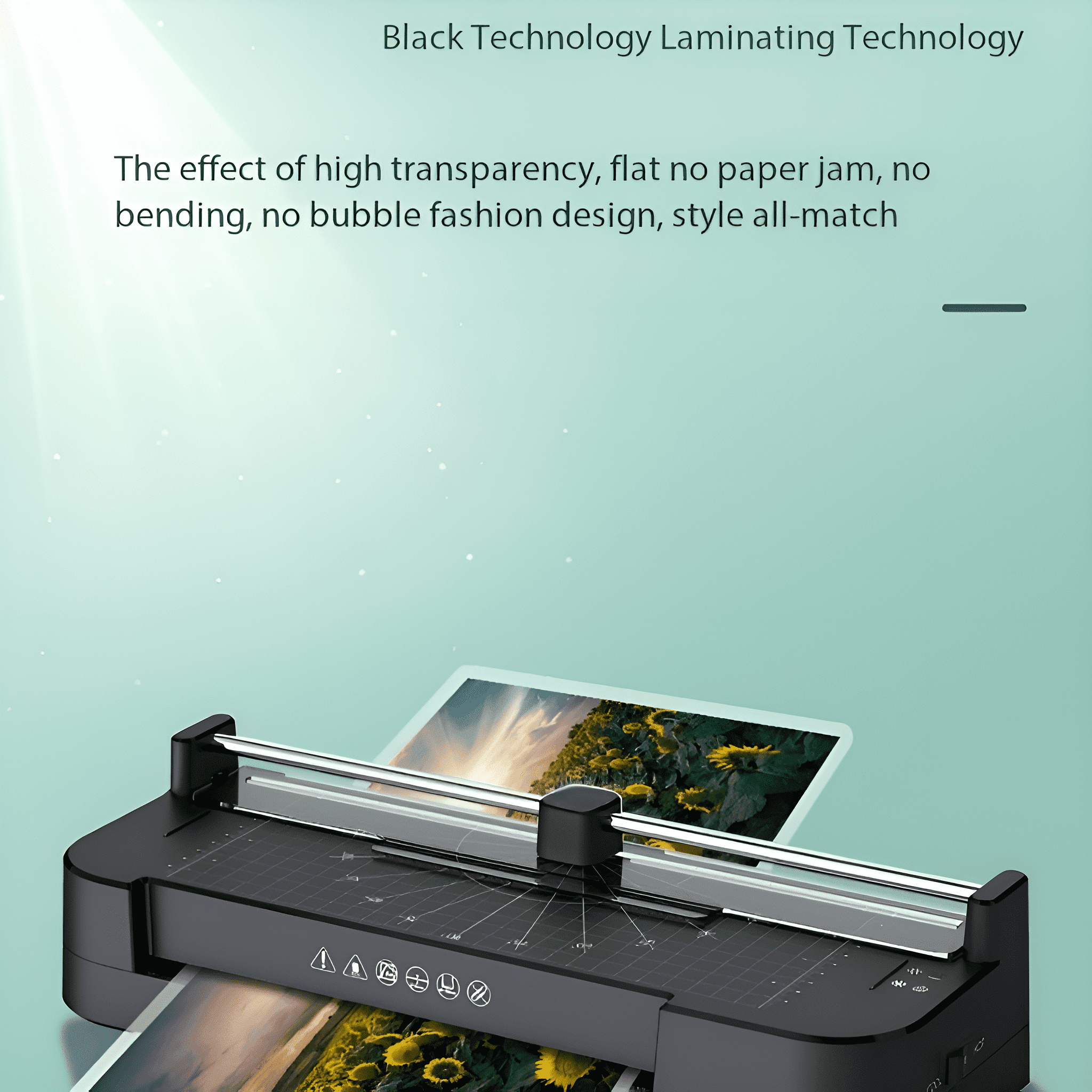 Schwarzer Laminator mit transparenter Abdeckung über einem gedruckten Bild. Text über Laminiertechnologie.