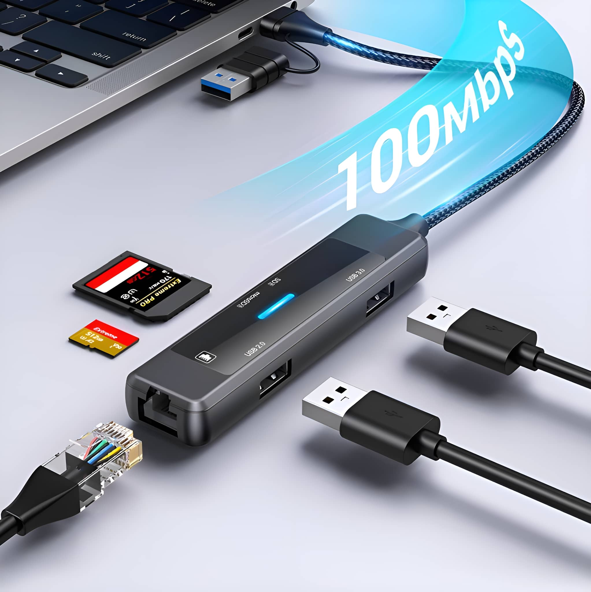USB-Hub, mit Kabeln und Anschlüssen. USB, SD-Karte und Ethernet.