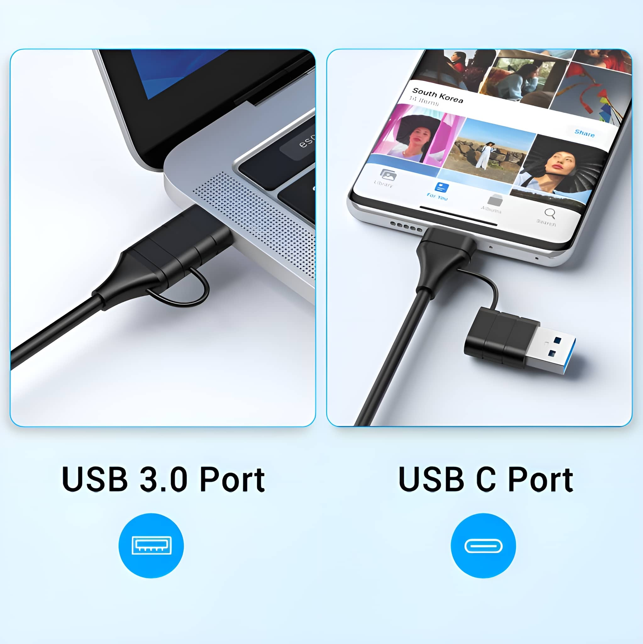Zwei Bilder: USB 3.0- und USB-C-Anschlüsse mit ihren jeweiligen Symbolen.