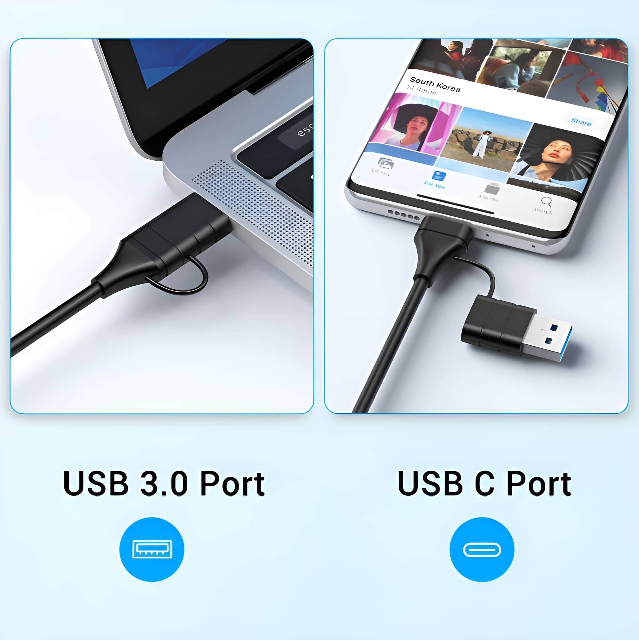 Zwei Bilder: USB 3.0- und USB-C-Anschlüsse und ihre jeweiligen Stecker, Telefon und Laptop.
