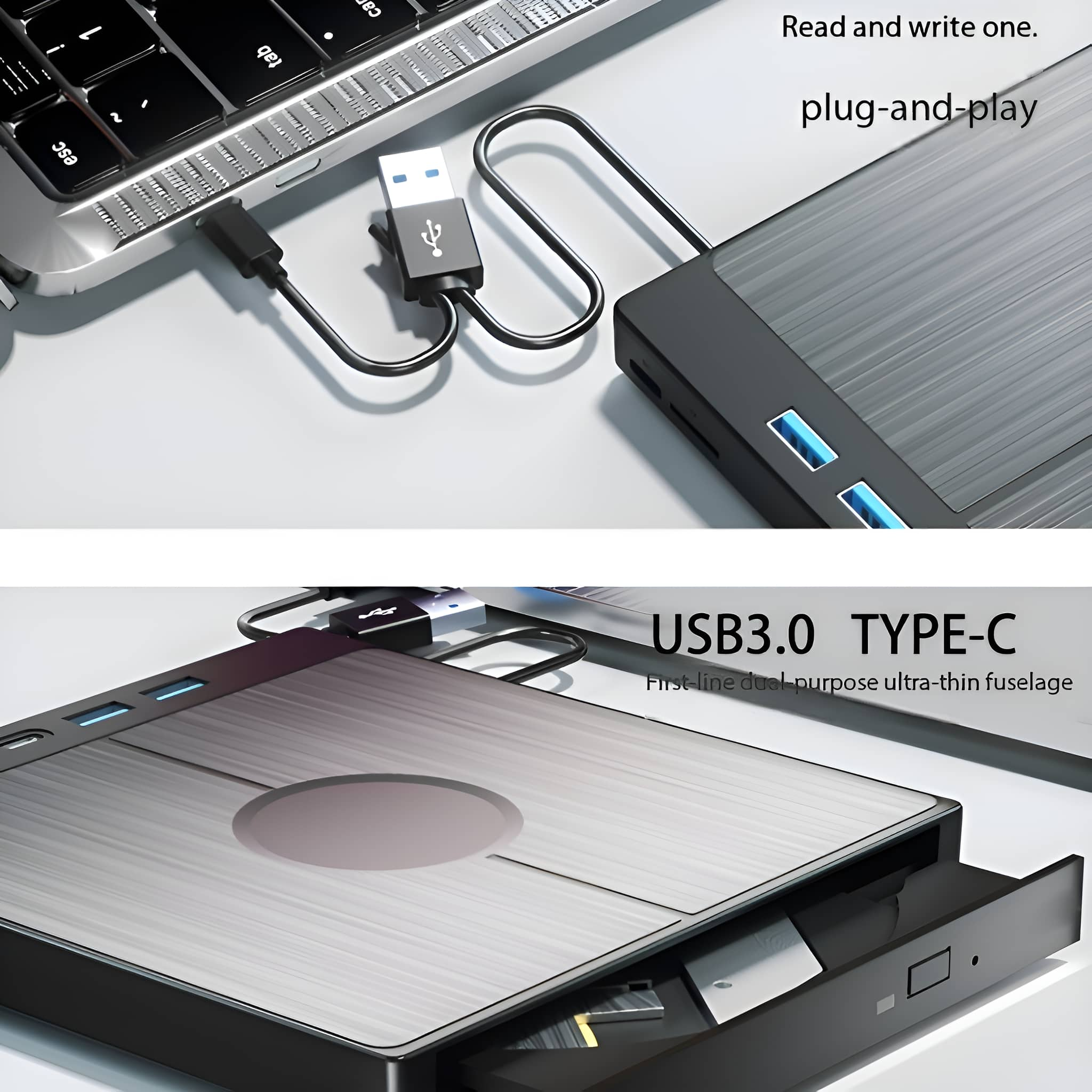 Laptop mit externer Festplatte über USB-Kabel verbunden. Die Szene ist ein heller Hintergrund.
