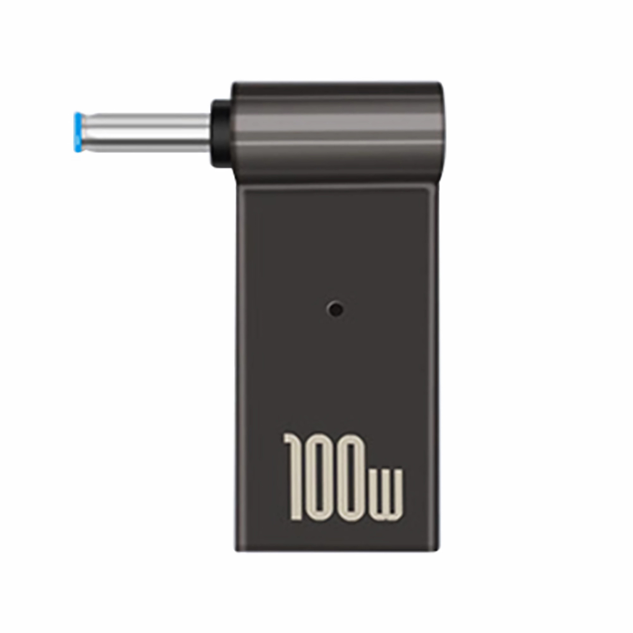 Schwarzes Netzteil mit 100W-Text. Weißer Hintergrund.