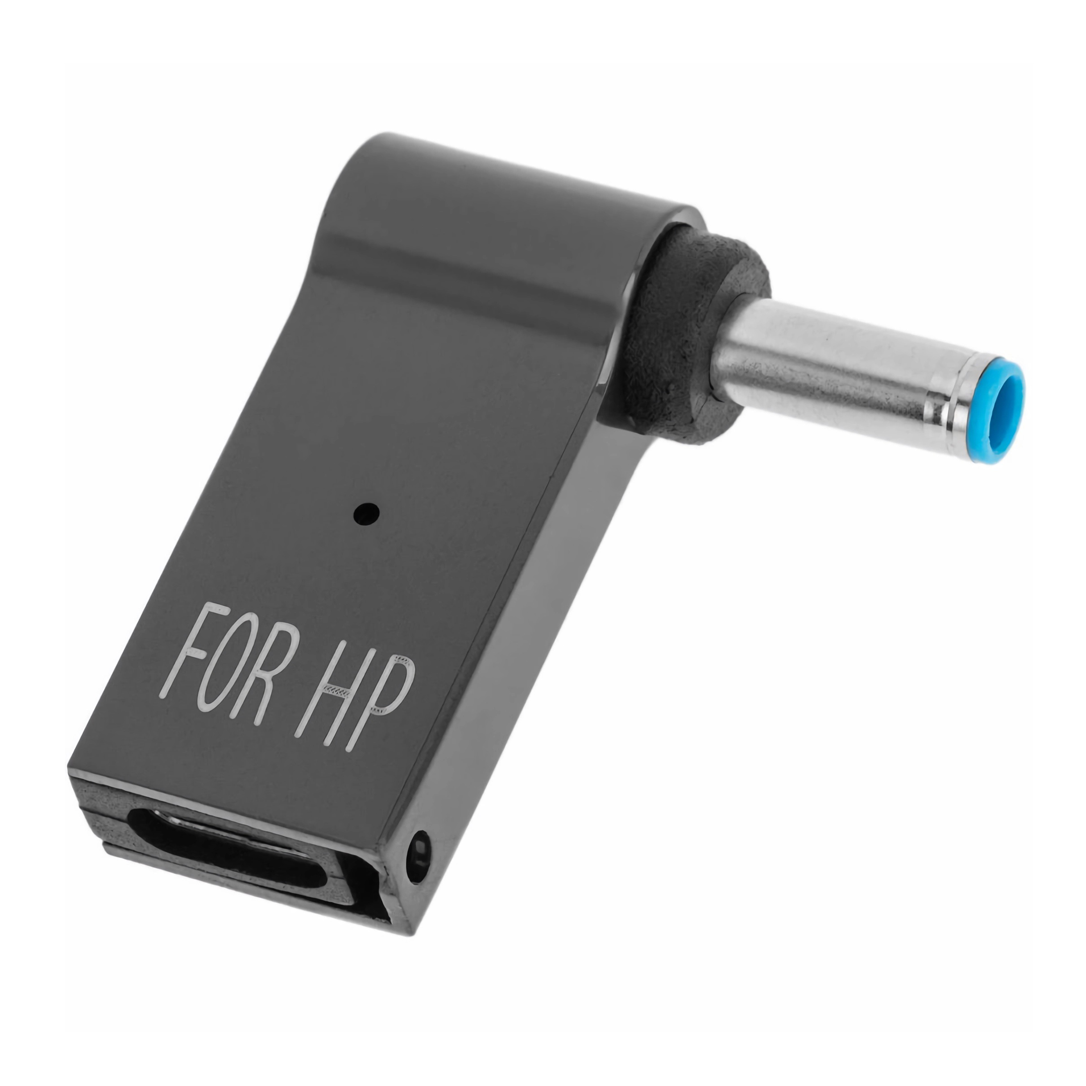 Schwarzer Netzadapter mit silberner Spitze und blauem Ende, beschriftet FOR HP, weißer Hintergrund.