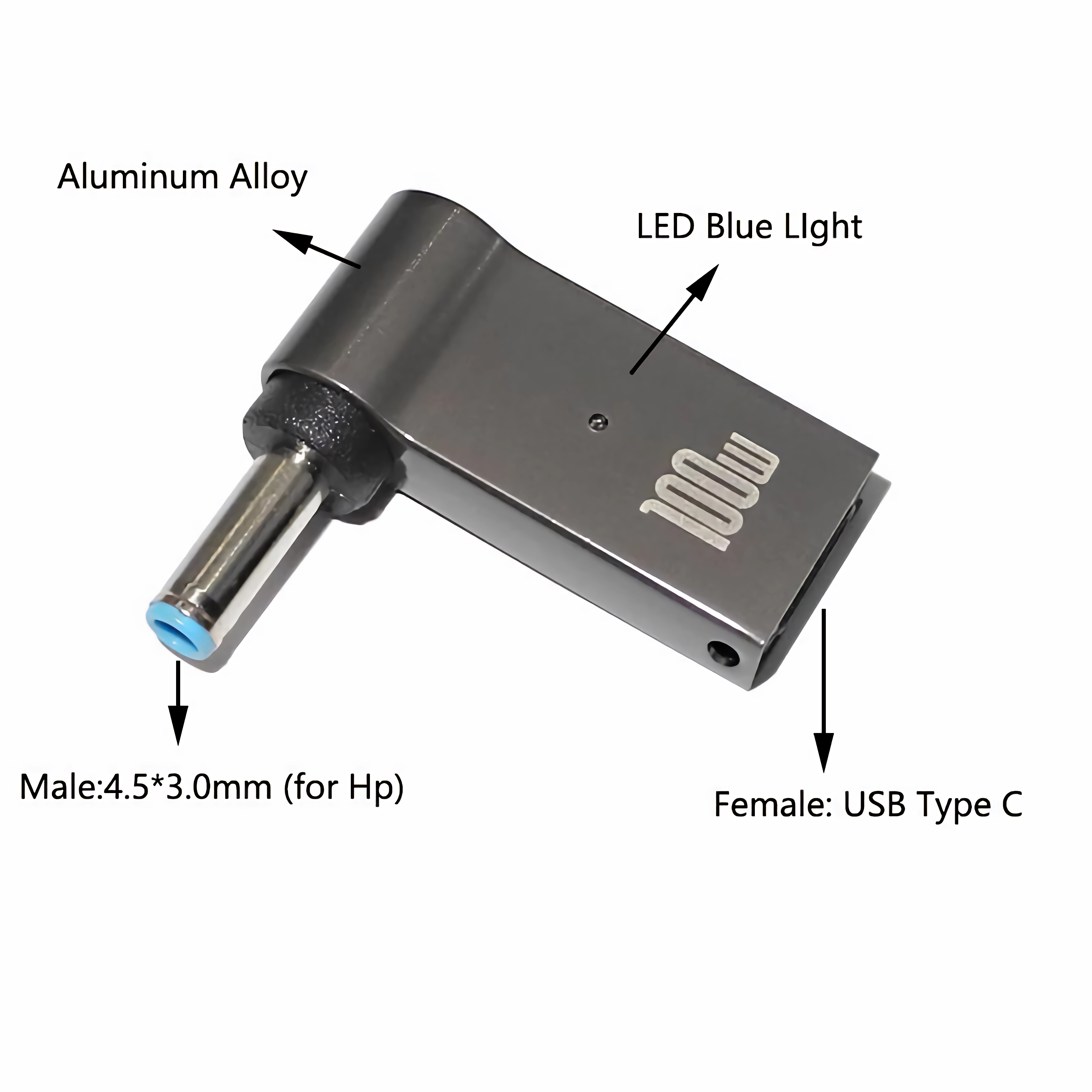 Adapter mit Aluminiumlegierung und USB Typ C. Hat blaues Licht und zeigt 100W.