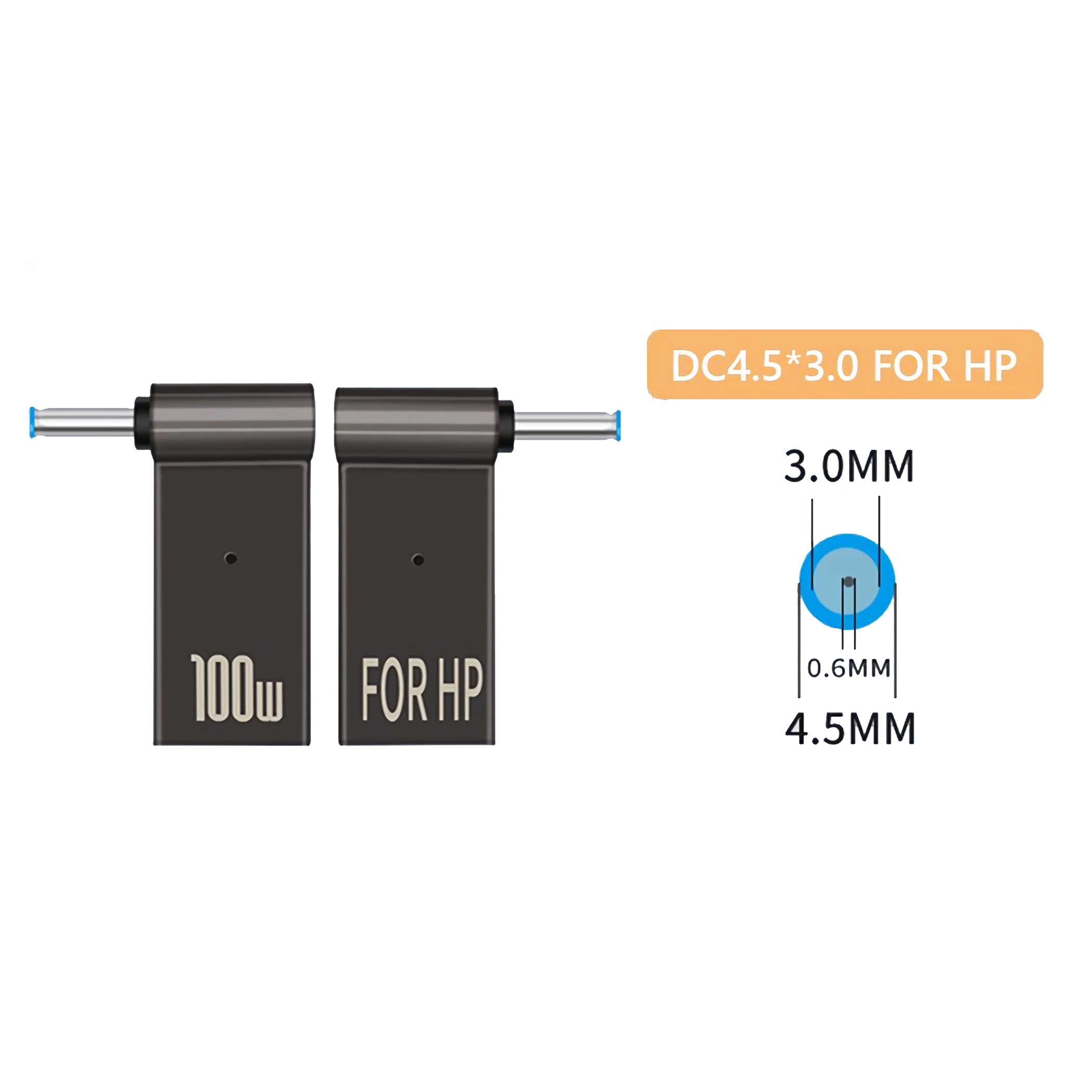 Zwei schwarze Adapter mit blauen Spitzen. Einer liest 100 W, der andere FÜR HP. Diagramm zeigt Abmessungen.