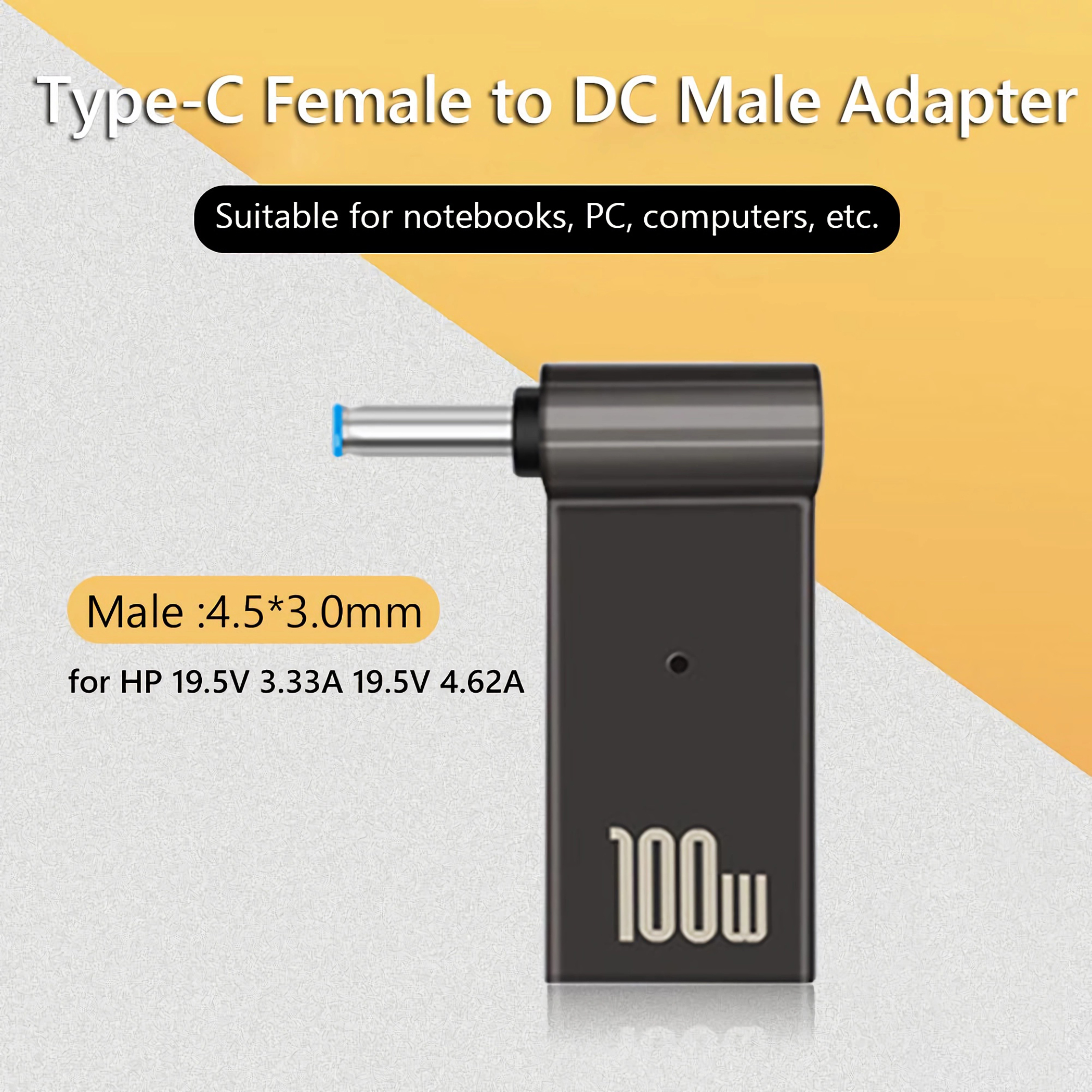Typ-C-zu-DC-Adapter, schwarz, mit Details zu Größe und Leistung.