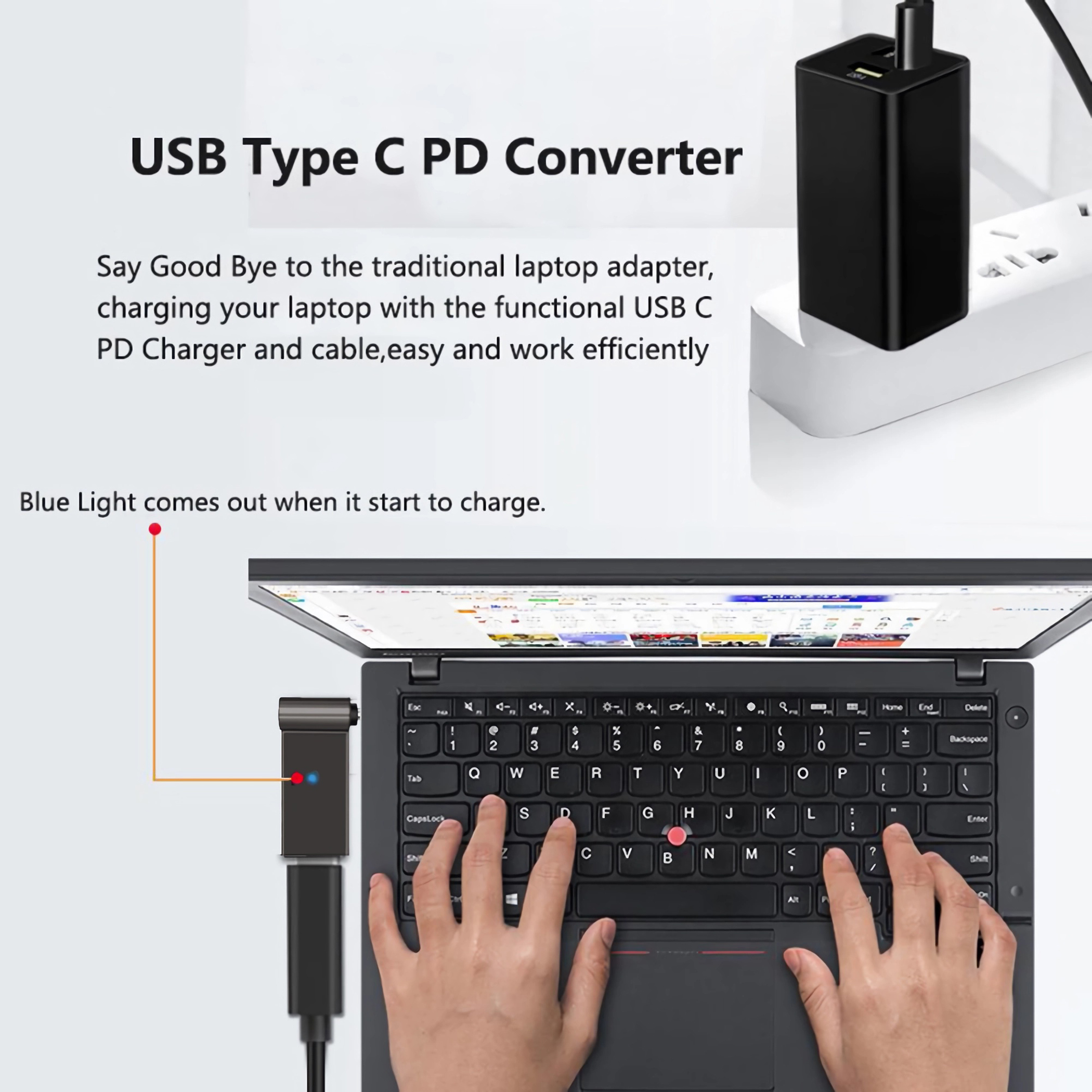 USB-C PD-Konverter und Laptop. Konverter an Laptop angeschlossen, weißer Hintergrund.