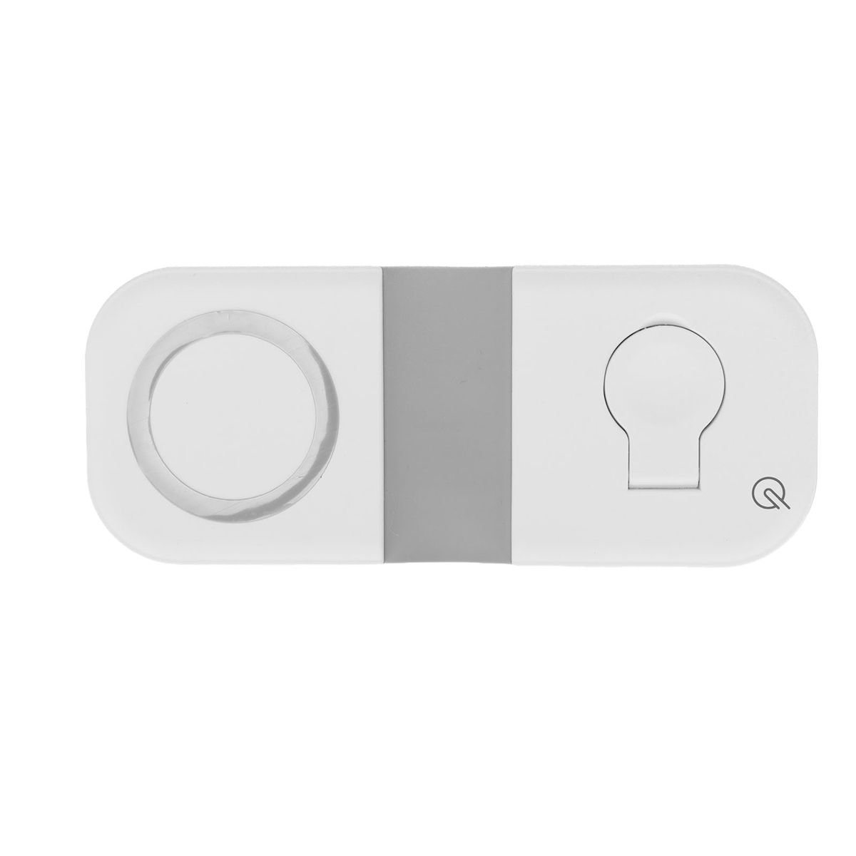 Weißes, rechteckiges Gerät mit einem kreisförmigen und einem birnenförmigen Element. Rechts ein Power-Button-Symbol.
