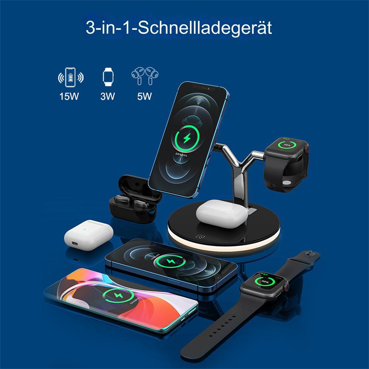 Eine 3-in-1 kabellose Ladestation mit Telefon, Uhr und Ohrhörern. Der Hintergrund ist blau.