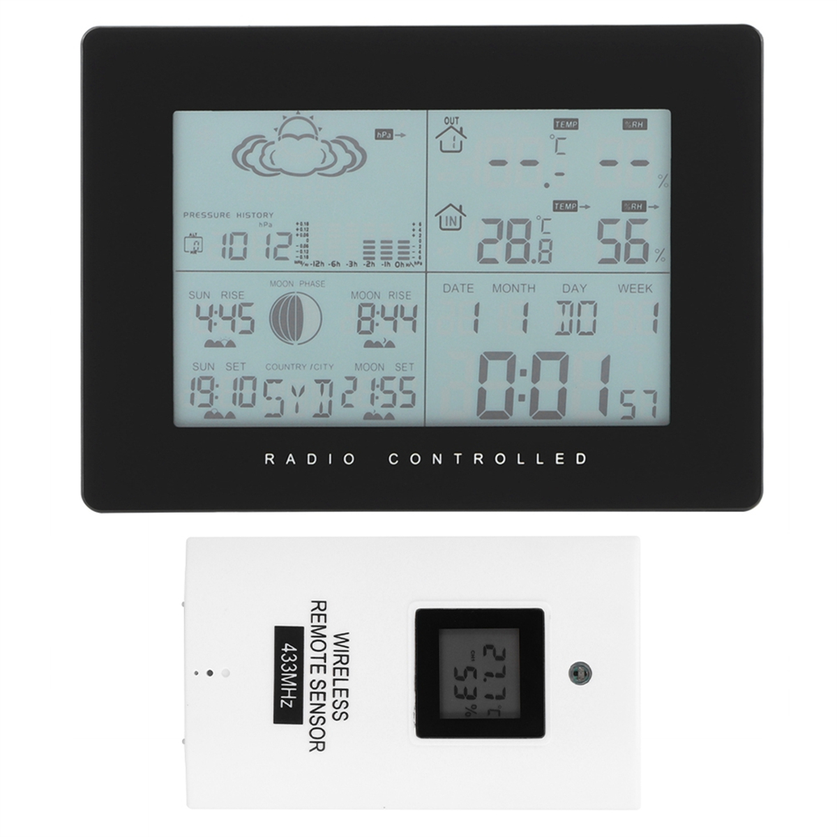 Digitale Wetterstation mit Anzeige von Datum, Uhrzeit und Wetterdaten. Schwarzer Rahmen, weiße Basis.