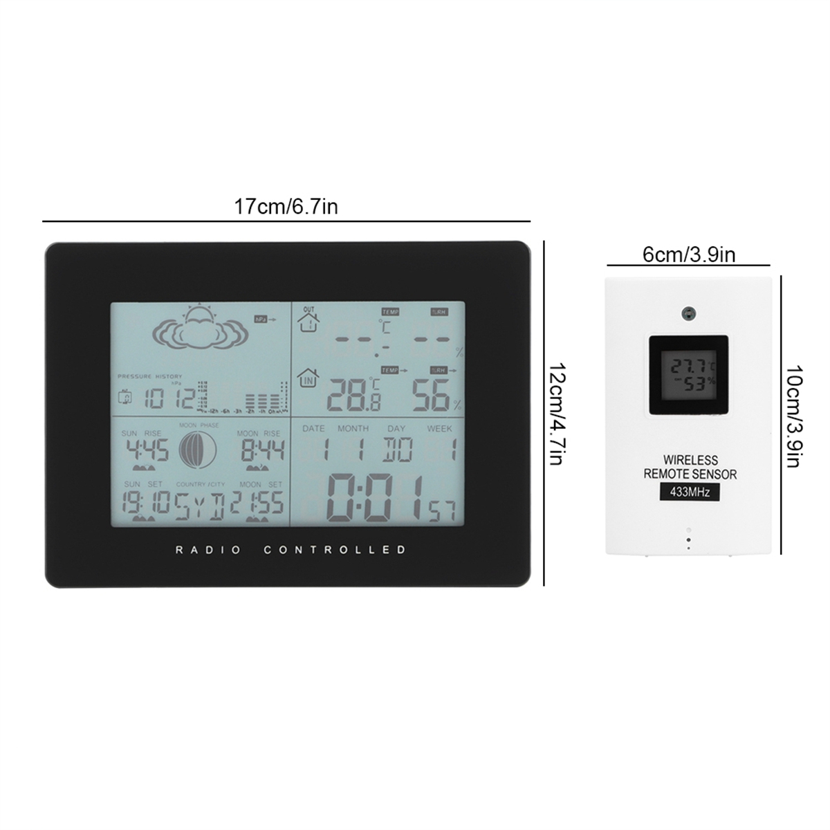 Digitale Wetterstation mit Bildschirm und Fernsensor. Zeigt Zeit, Datum und Wetterdaten an.