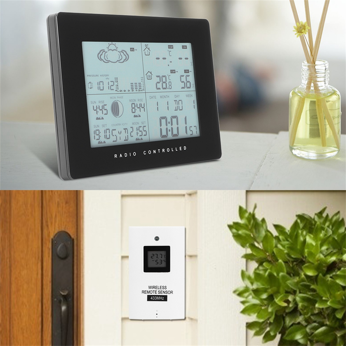 Wetterstation mit Display und separatem Außensensor, beide in Schwarz und Weiß.