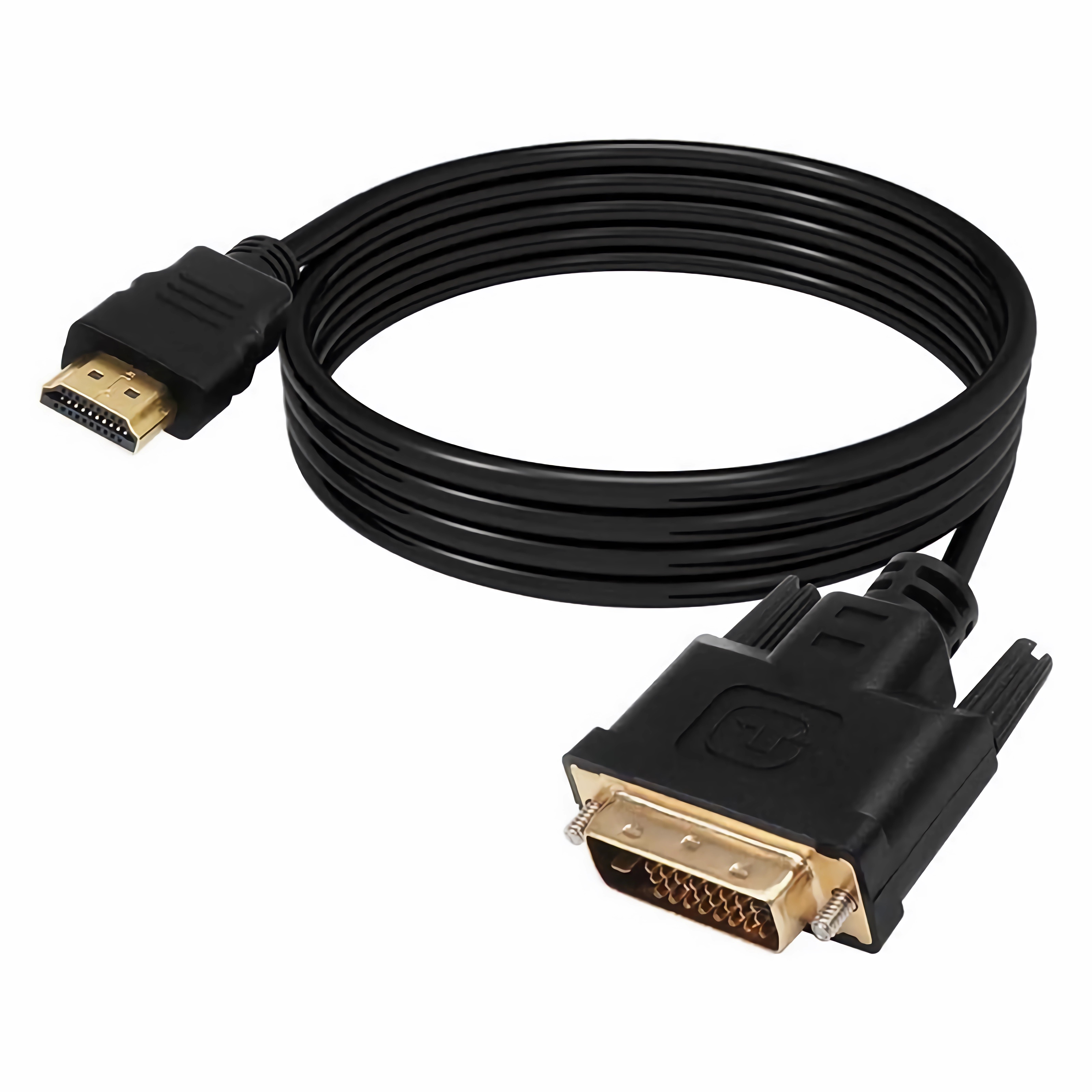 Schwarzes HDMI-zu-DVI-Kabel, Anschlüsse sichtbar. Kabel ist flexibel.