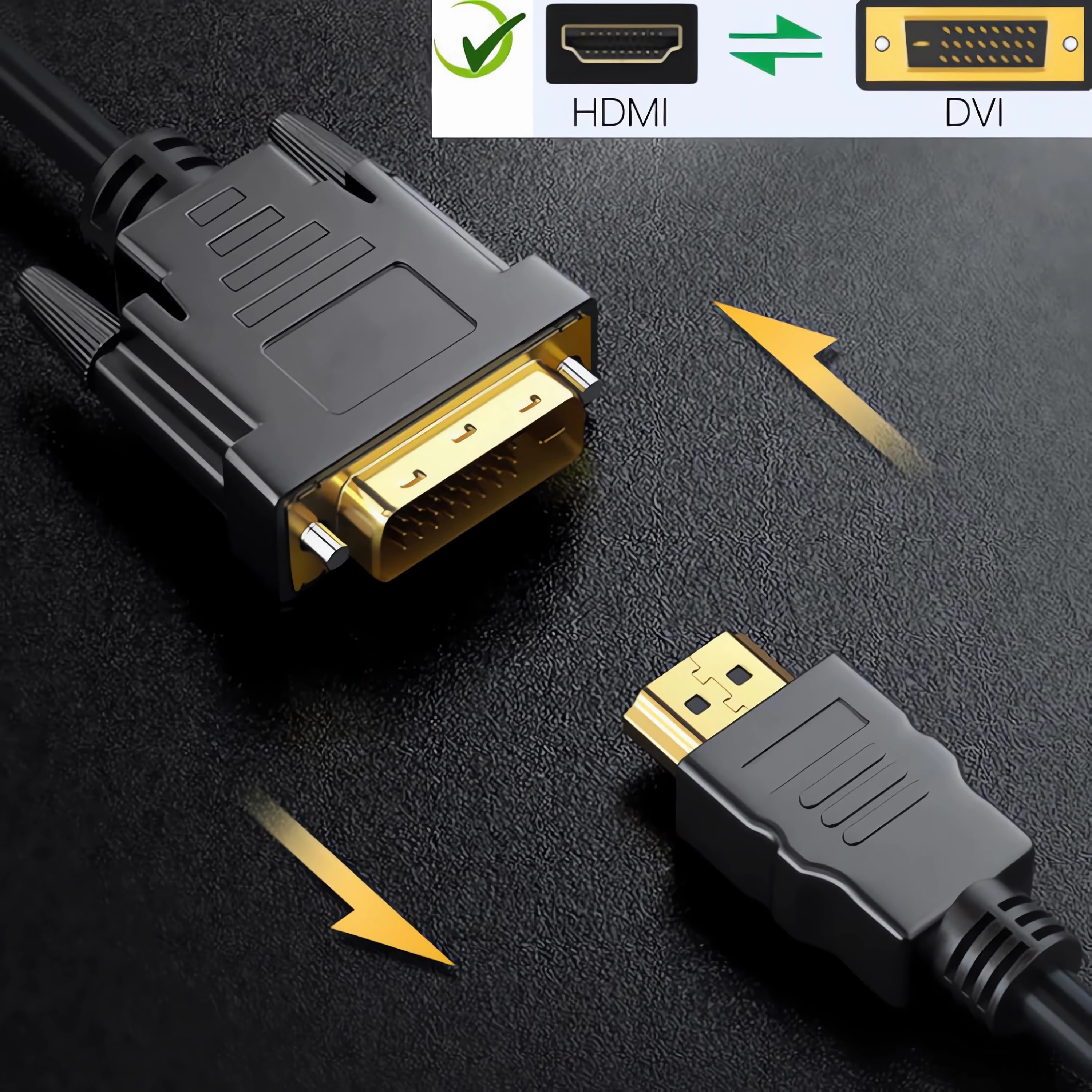 HDMI-zu-DVI-Kabel mit Pfeilen, die die Richtung anzeigen. Der HDMI-Anschluss befindet sich rechts.