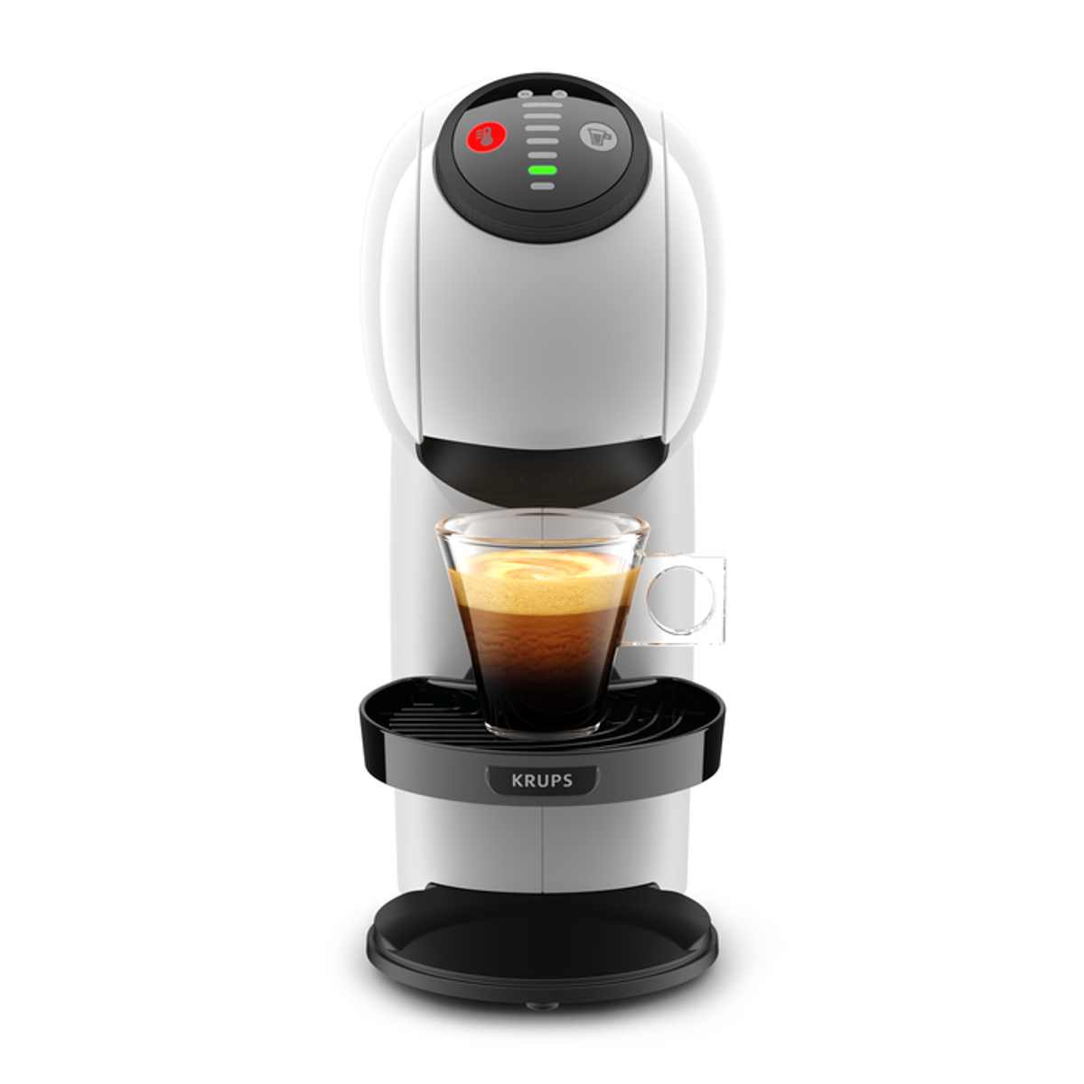 Macchina da caffè bianca con una tazza di caffè. Espresso con schiuma, base nera e luce rossa.