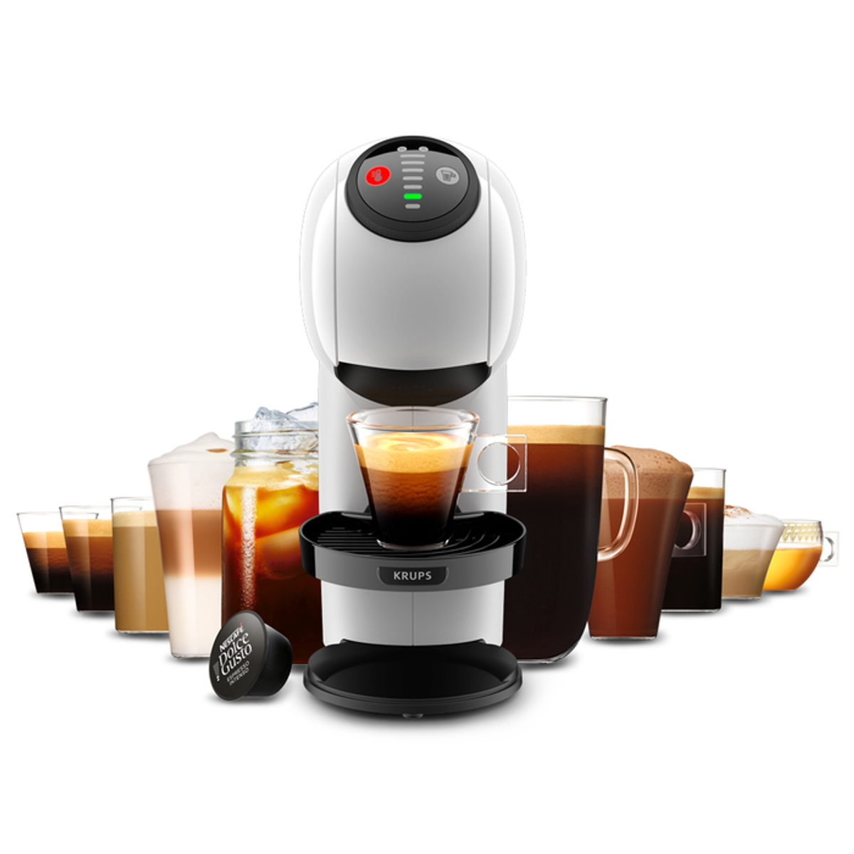 Macchina da caffè Krups bianca con varie bevande al caffè e una capsula Nespresso.
