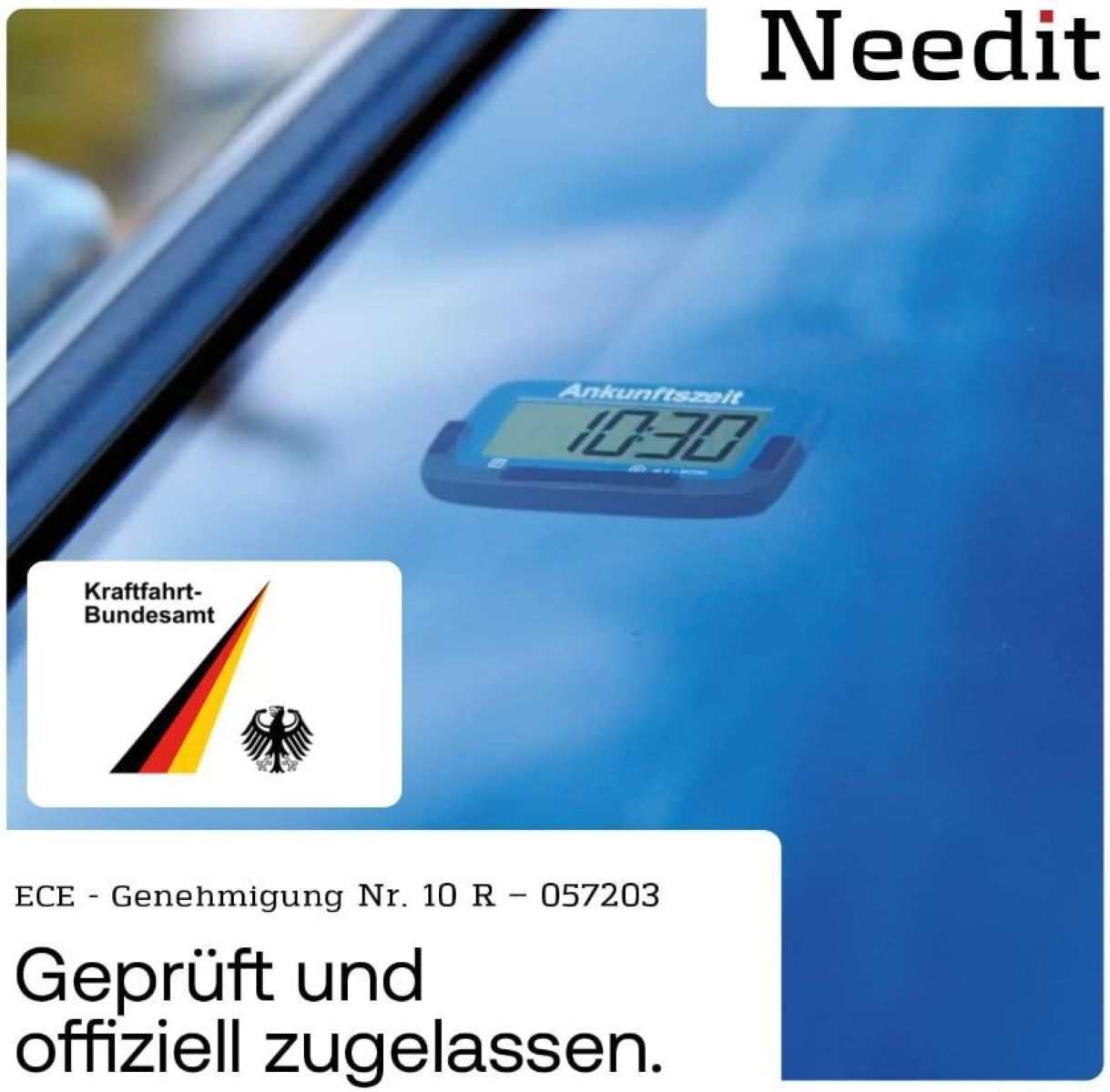 Ein Needit-Parkzeittimer ist an einem Autofenster befestigt. Die Uhrzeit 10:30 ist sichtbar.