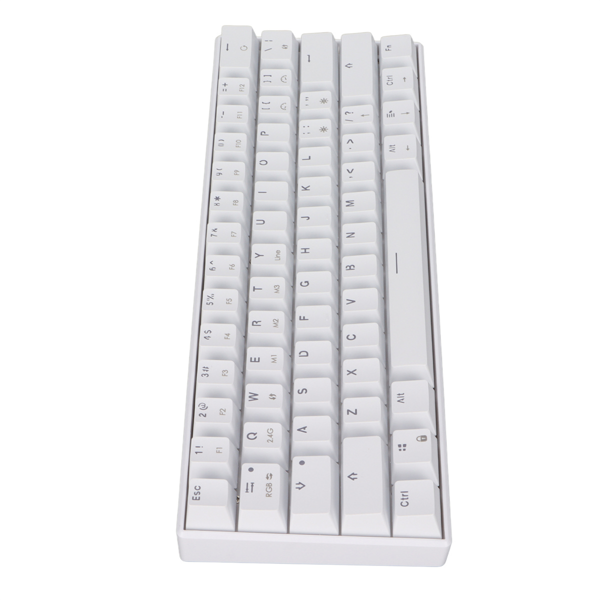 Weiße Tastatur. Minimalistisches Design mit weißen Tasten und schwarzer Beschriftung. Draufsicht.