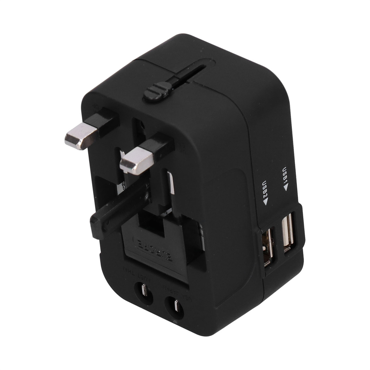 Schwarzer Universal-Reiseadapter mit verschiedenen Steckertypen und USB-Anschlüssen.