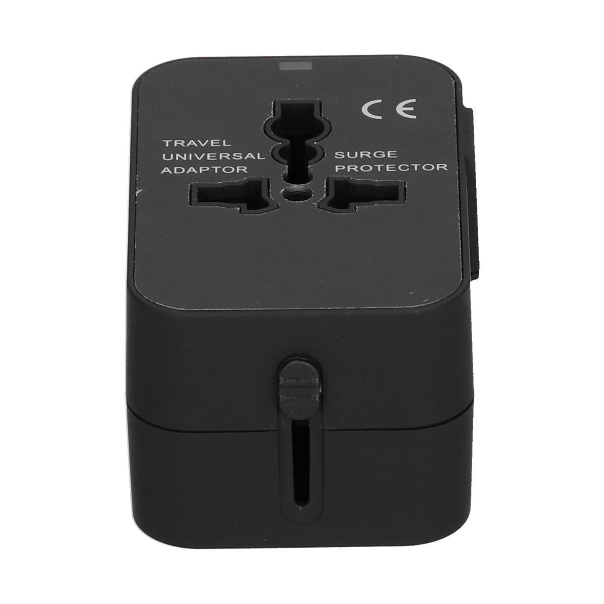 Schwarzer Universaladapter für Reisen mit dem Text