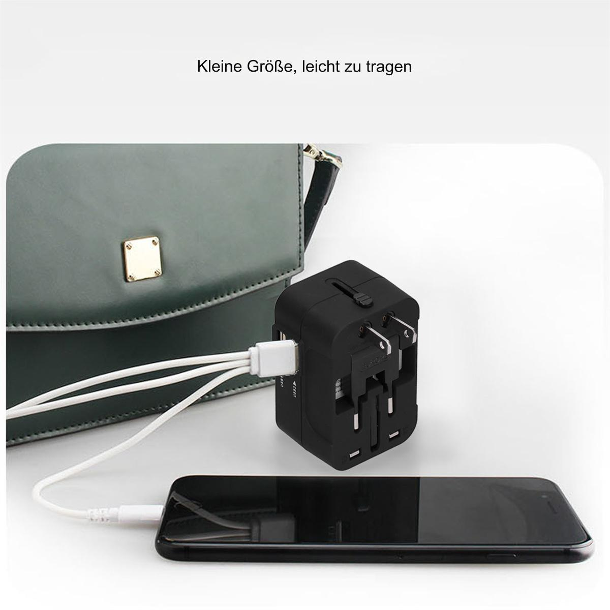 Schwarzer Reiseadapter, der mit einem Telefon mit weißem Kabel verbunden ist, neben einer Handtasche.
