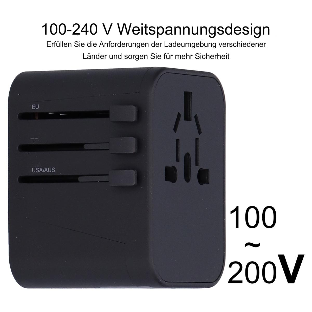 Schwarzer Universal-Reiseadapter mit verschiedenen Stecker-Konfigurationen und Spannungsinformationen, weißer Hintergrund.