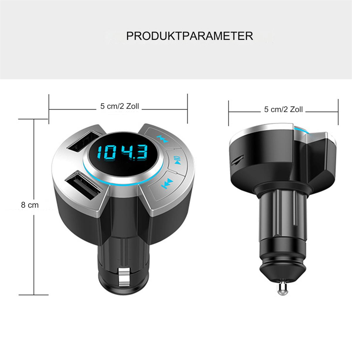 Schwarz-silbernes Autoladegerät mit Digitalanzeige. Abmessungen: 8 cm hoch, 5 cm breit.